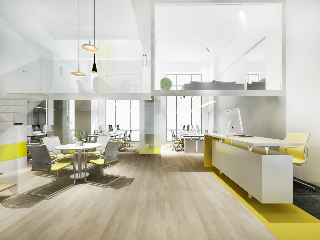 3d rendering business meeting yellow working room with stair