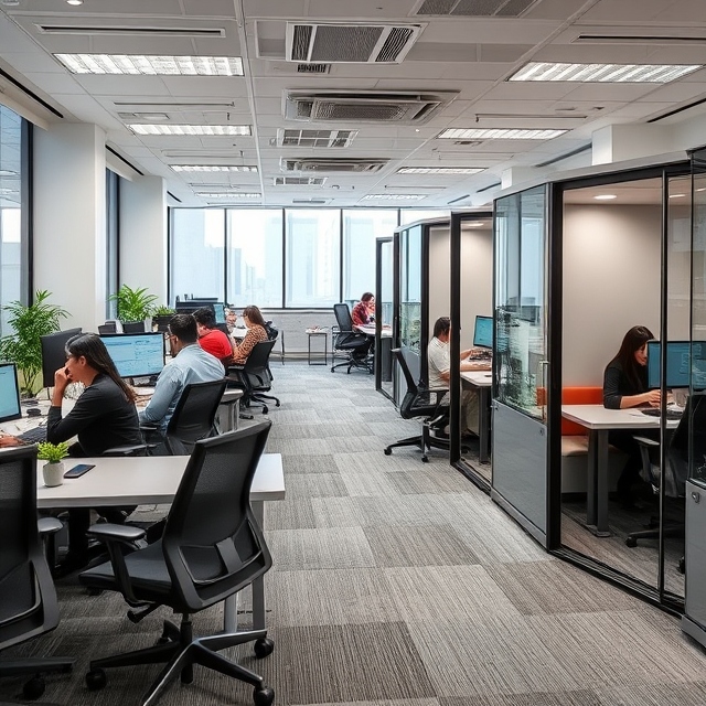 Office space which has employees working and has multiple privacy booths and pods