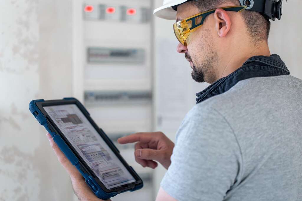 Electrical technician looking focused while working switchboard with fuses