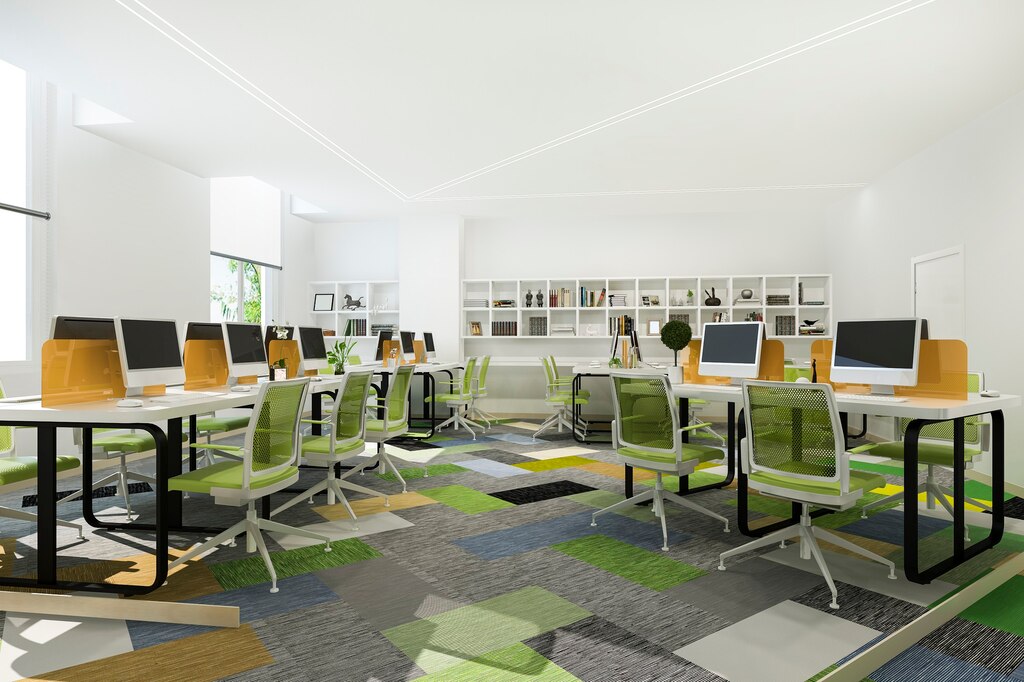 Green business meeting working room office building with bookshelf