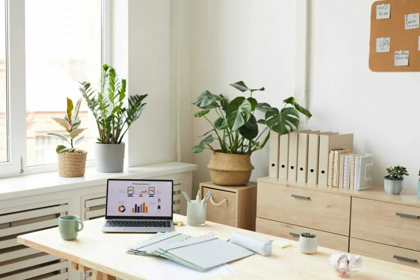 Home office workplace with wooden accents Home office workplace with wooden accents