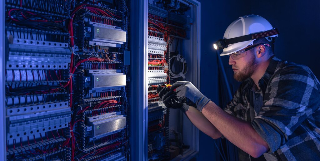 Male electrician works switchboard overalls against backdrop emergency lighting