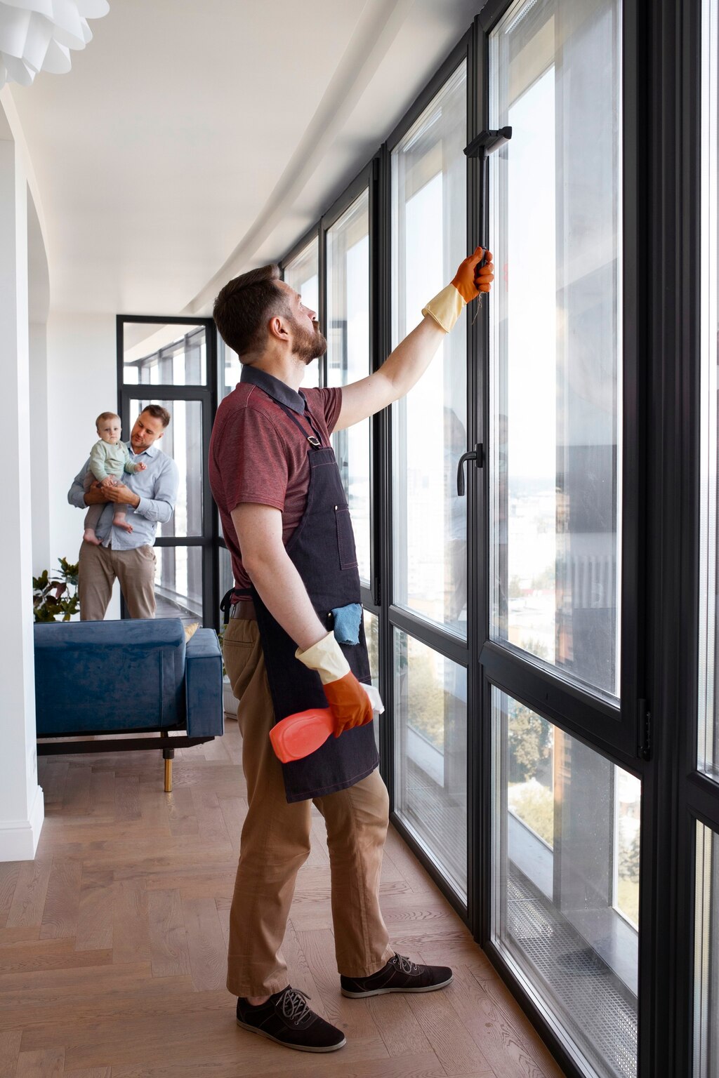 Man servant washing windows Man servant washing windows