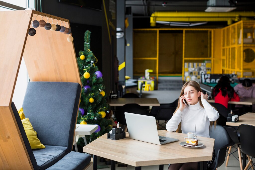 Portrait modern woman working with laptop