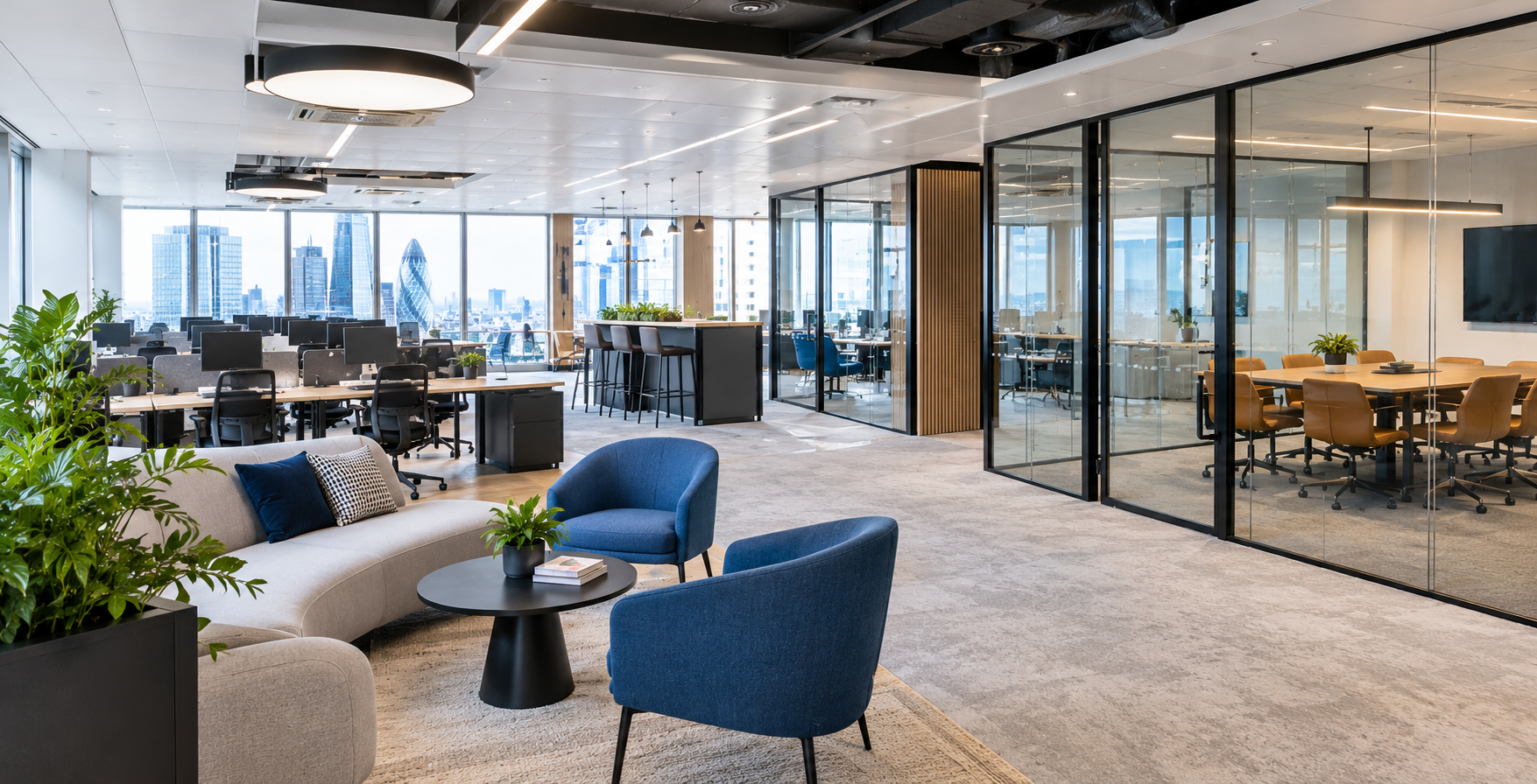 Completed London office combining planned layout and finished fit out.