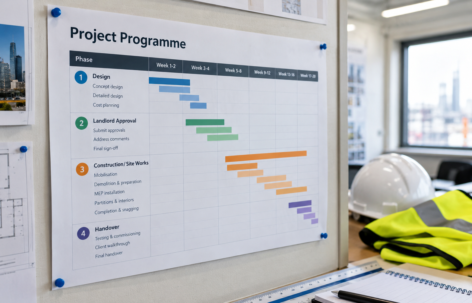 Close-up of a project programme chart pinned to a site office wall, showing design, approval and construction phases as separate coloured bars.