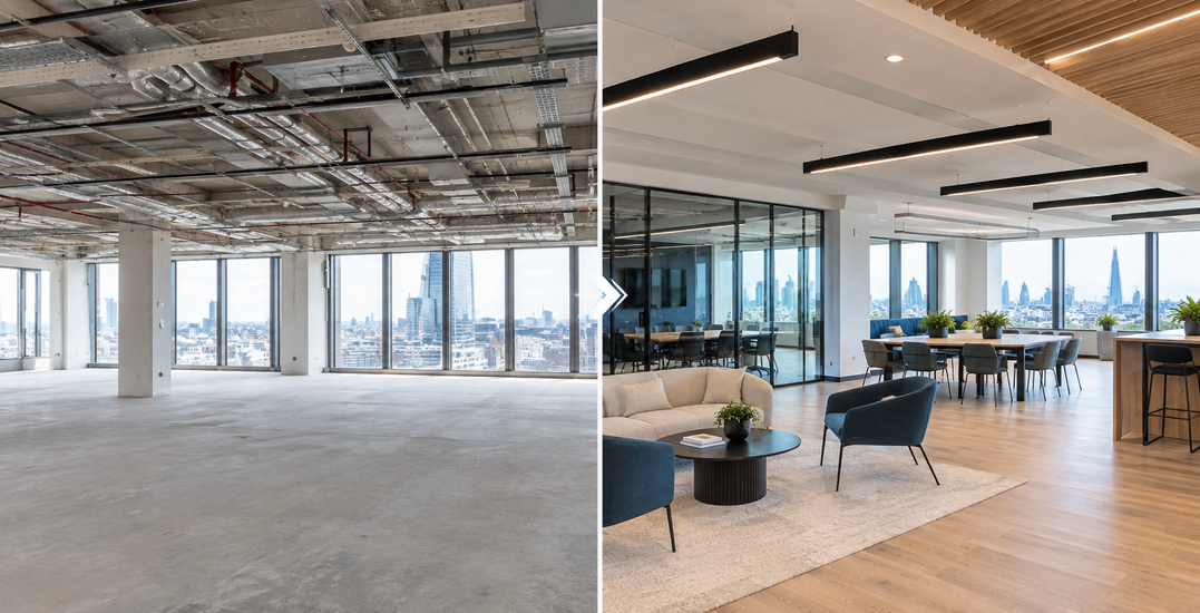 Before/after image of completed project photo of a GXI-delivered London office fit out.