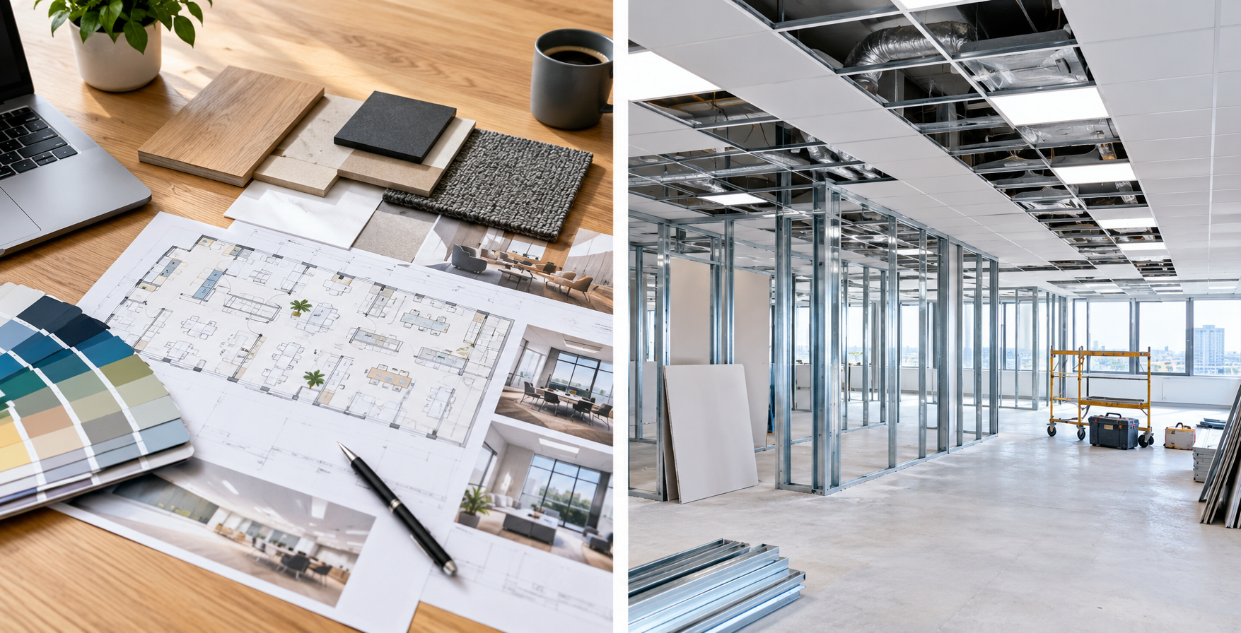 Office fit out in progress with partitions and ceiling grid.