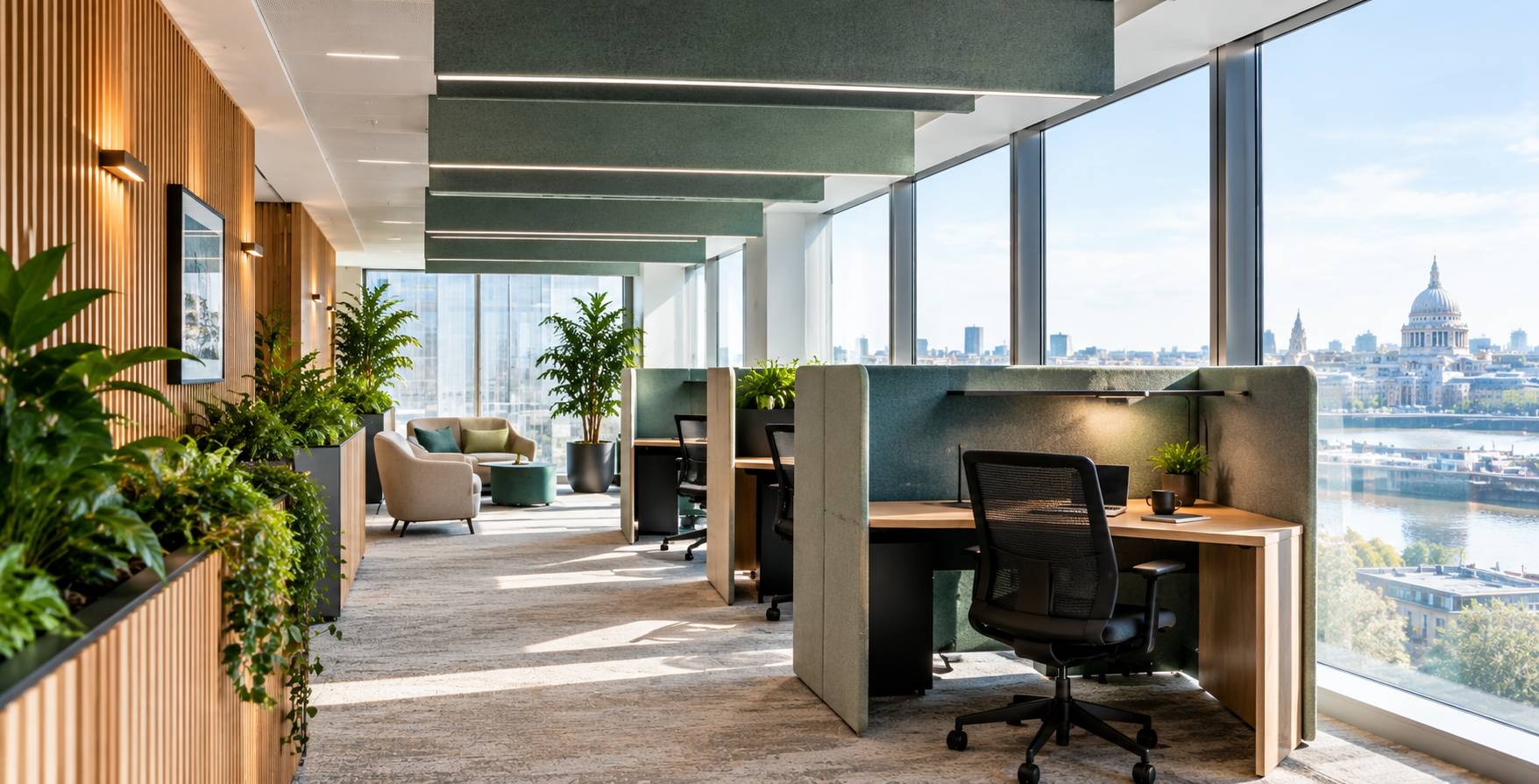 Photograph of a quiet focus area with acoustic ceiling baffles, timber slat wall panels, planting and daylight from large windows.