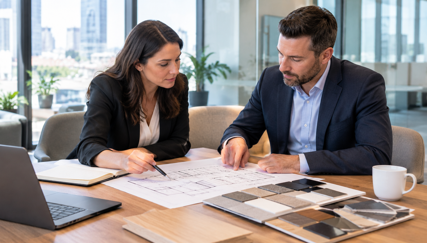 Reviewing drawings and samples before signing a fit out contract.