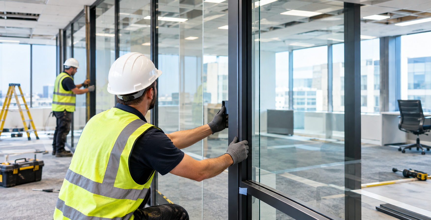 Close-up of a glazed office partition wall being installed, showing the frame and glass panels mid-fit