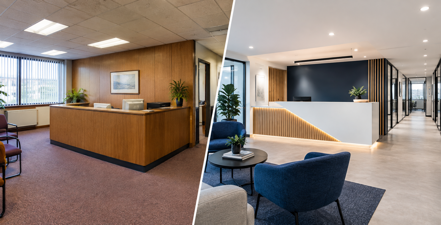 Before-and-after split image of a Harrow office reception area, left side dated 1980s finish, right side modern refurbished reception with GXI-style.
