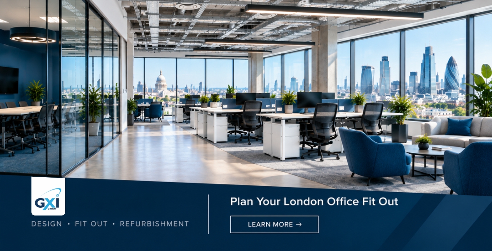 GXI branded CTA banner image on a completed London office fit out project