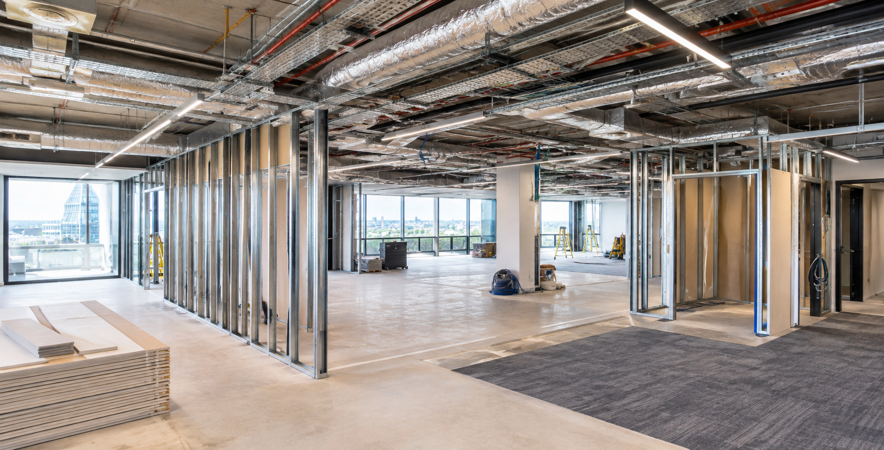 Interior photo of a mid-fit-out office space showing partition framework and exposed ceiling services.
