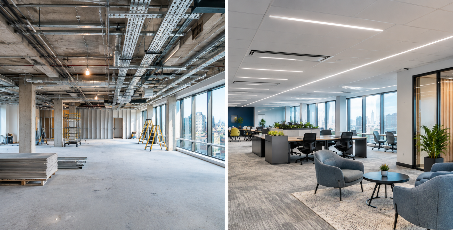 Before-and-after split image or side-by-side of an office space mid-refurbishment, showing exposed structural elements versus the finished result