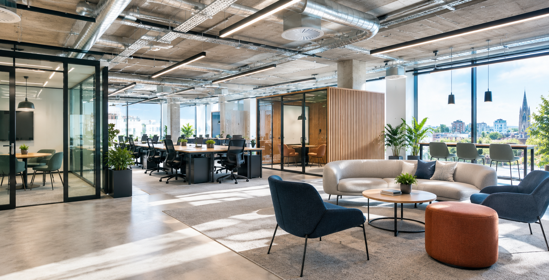 Interior of a newly fitted-out open-plan office space with exposed ceiling, breakout seating and meeting pods, natural light from large windows