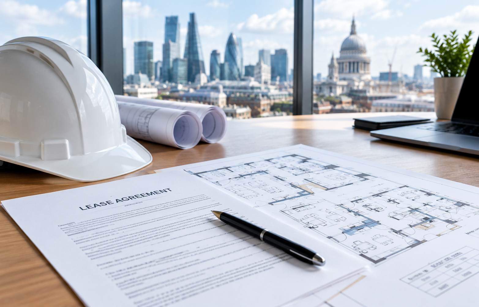 Close-up of a lease document, floor plan and hard hat on a desk, with a London office window in the background.