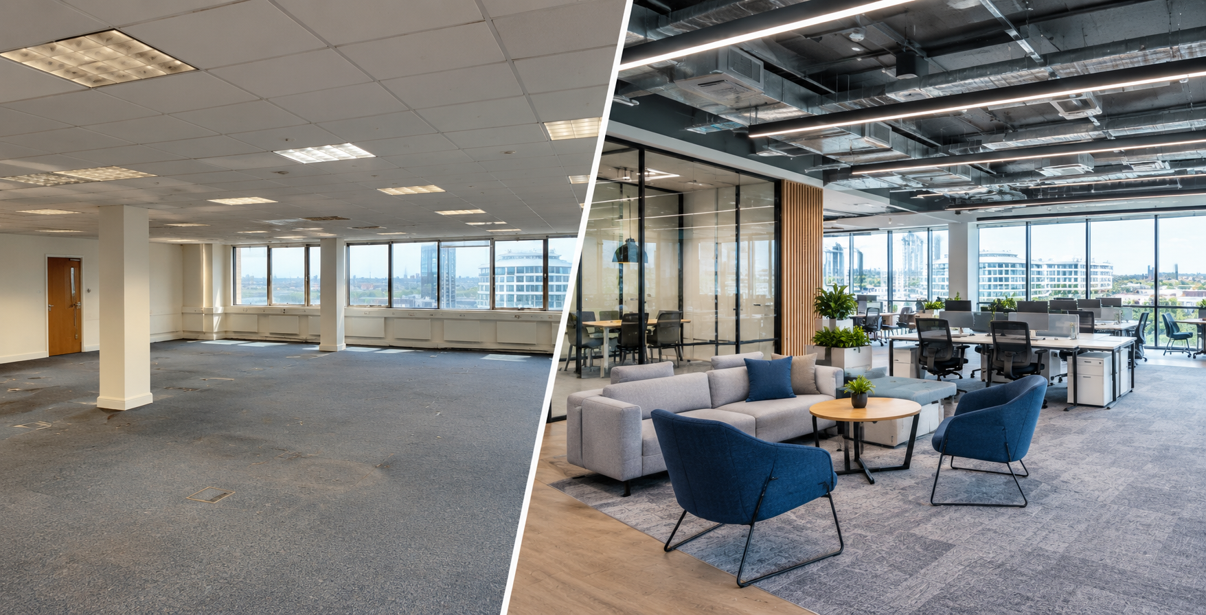Split-screen before-and-after image of a Milton Keynes office refurbishment, showing an outdated space on the left and the finished modern fit out on the right.