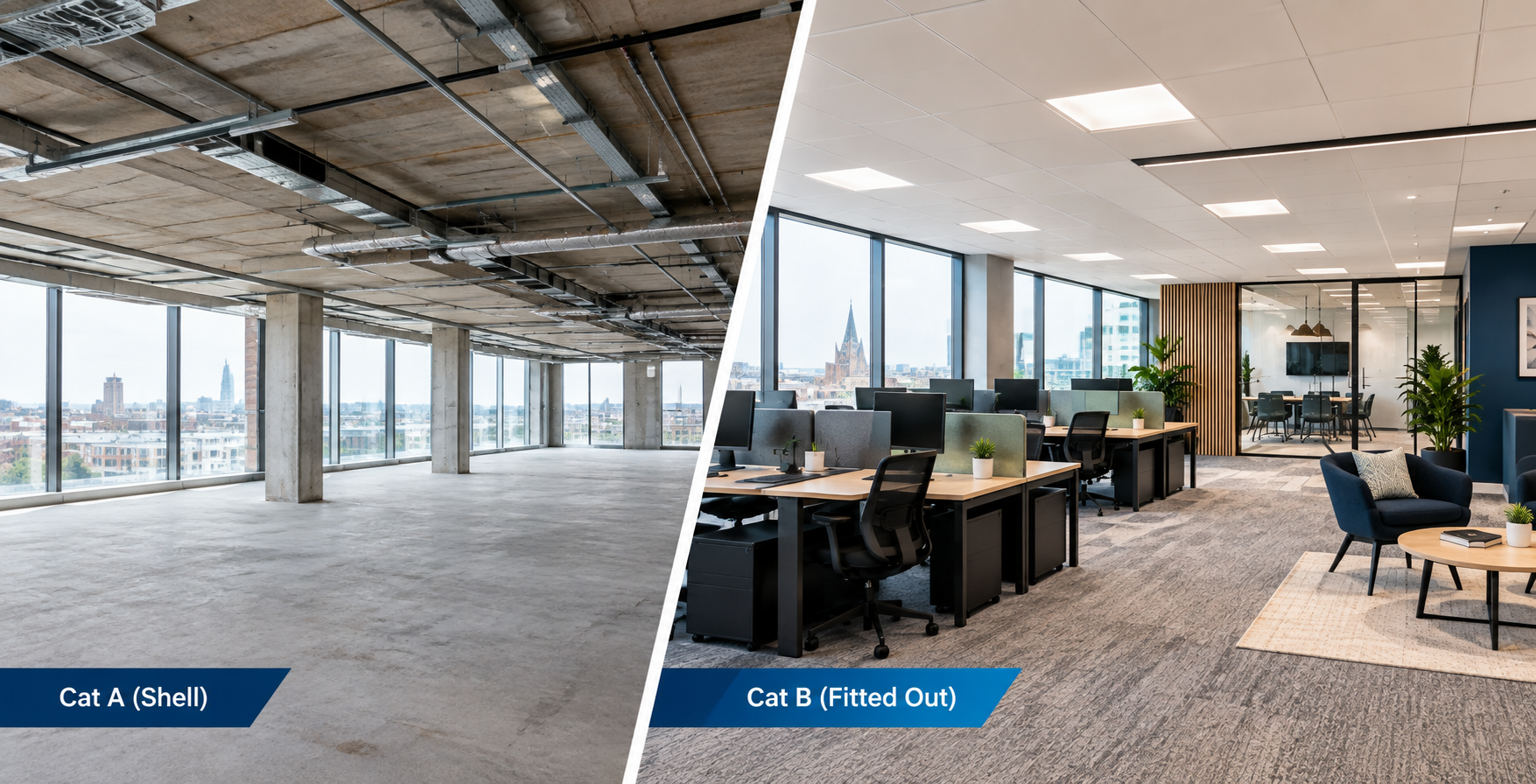 Split-screen or before-and-after style image showing a bare Cat A shell office space next to a finished Cat B fitted-out office with furniture, partitions, and branding