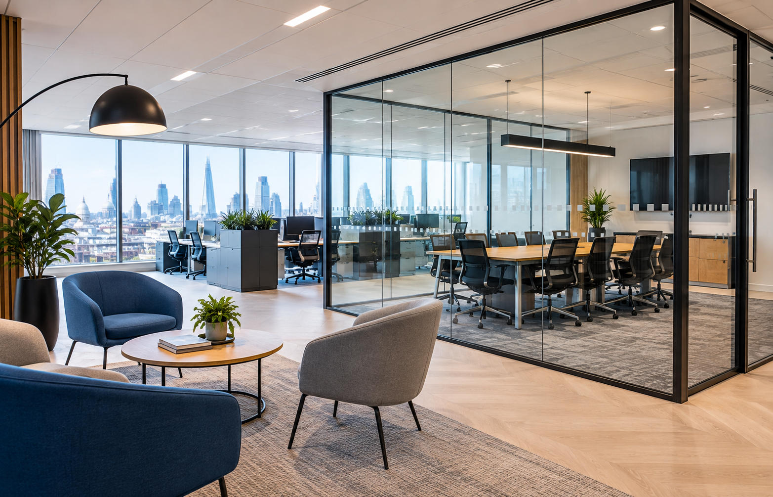 Interior shot of a completed London Cat B office fit out, meeting room with glass partitioning and breakout seating in the foreground.