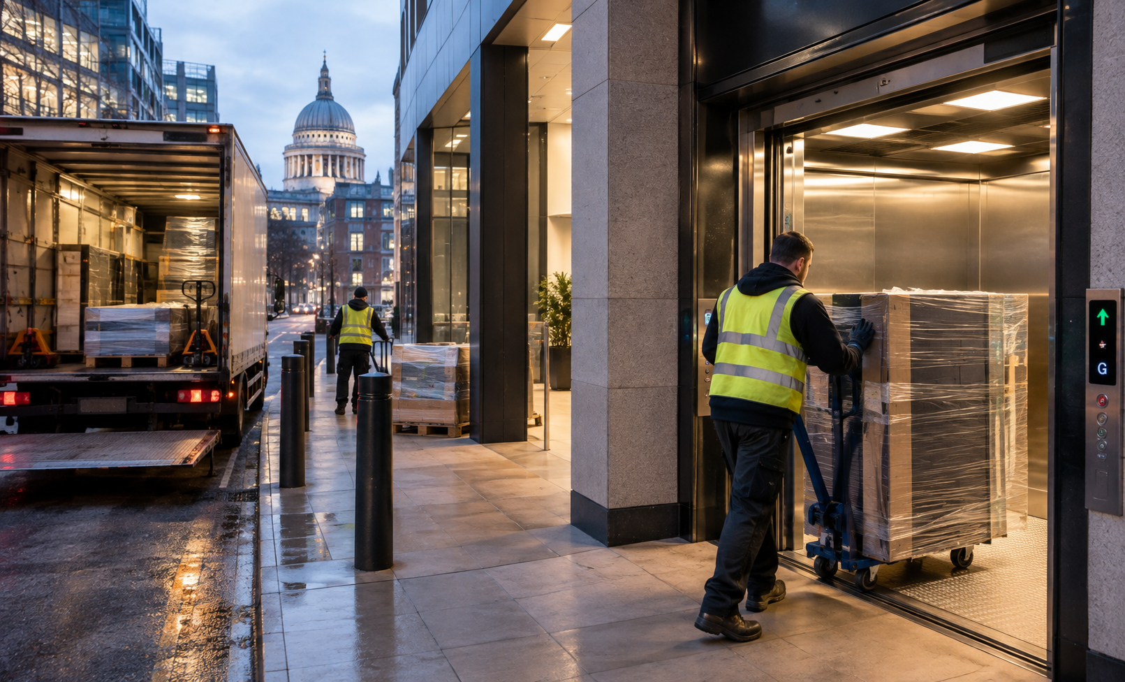 Illustration or photo of an out-of-hours delivery at a central London office loading bay, with materials moving through a goods lift.