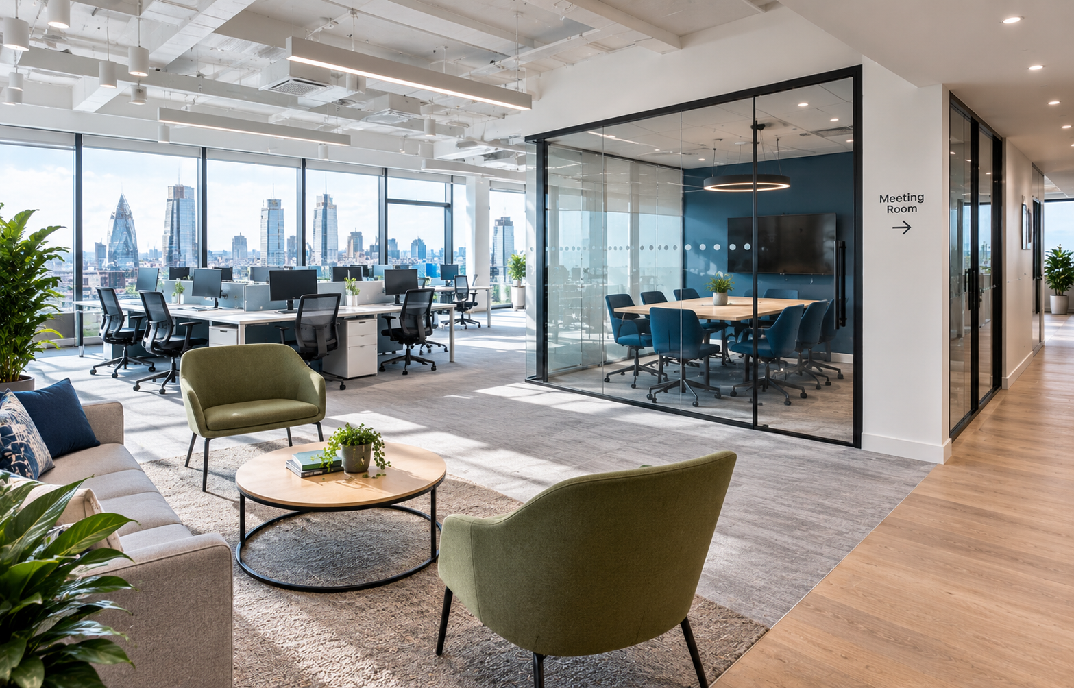 Completed open plan office with a finished meeting area, natural light and clear signage, photographed after handover. 