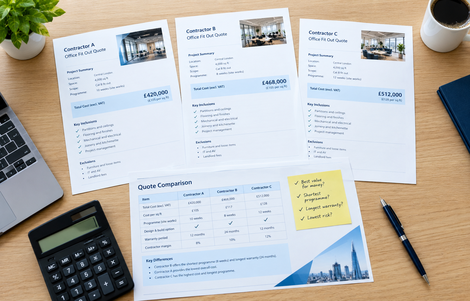 Flat lay of three printed contractor quotes on a desk with a calculator, pen and highlighted comparison sheet.