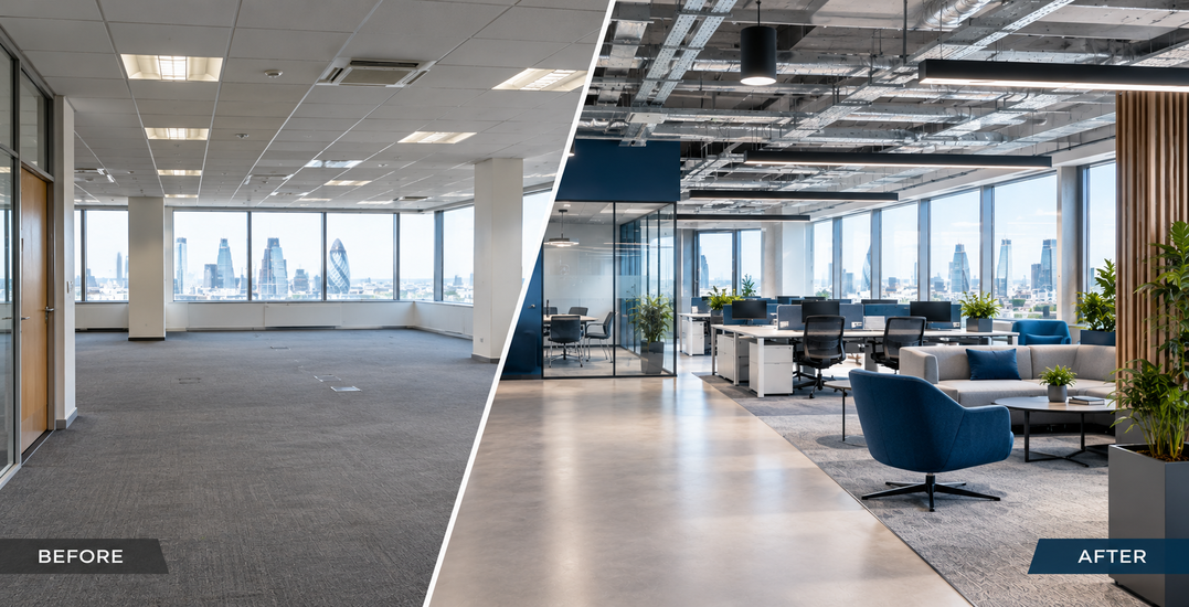 Split-image or before-and-after style graphic showing an older, dated office space next to a newly fitted-out modern equivalent