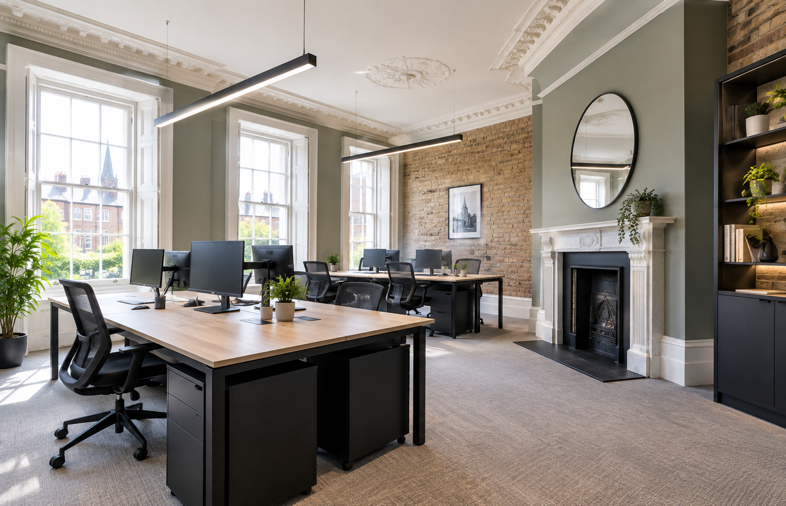 An interior shot of a refurbished period office showing exposed original features such as sash windows, cornicing or fireplaces alongside modern desks, lighting and cabling, illustrating heritage and functionality working together.