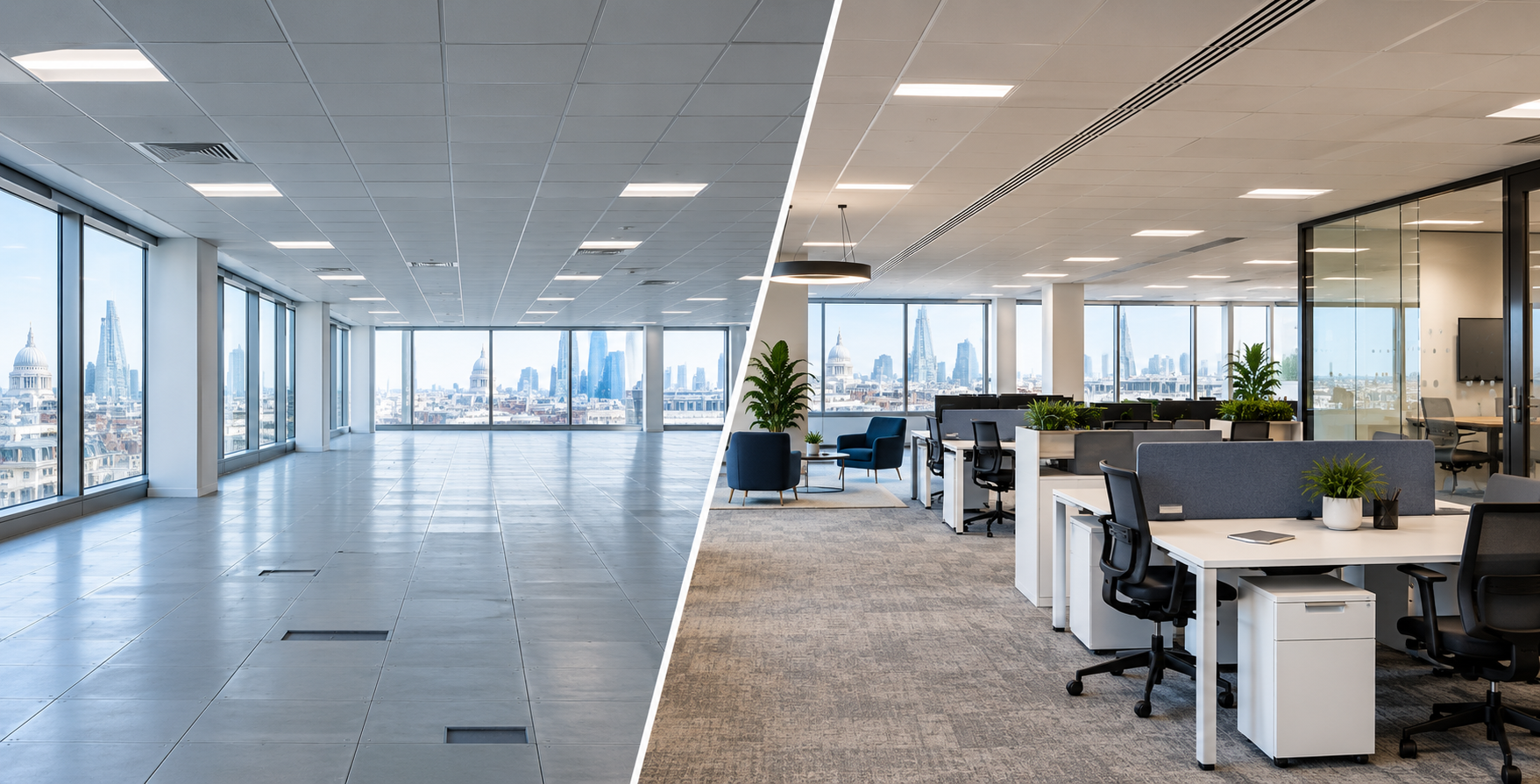 Split view of an empty Cat A floor with raised floor, suspended ceiling and lighting on one side, and a finished Cat B office with desks and partitions on the other.