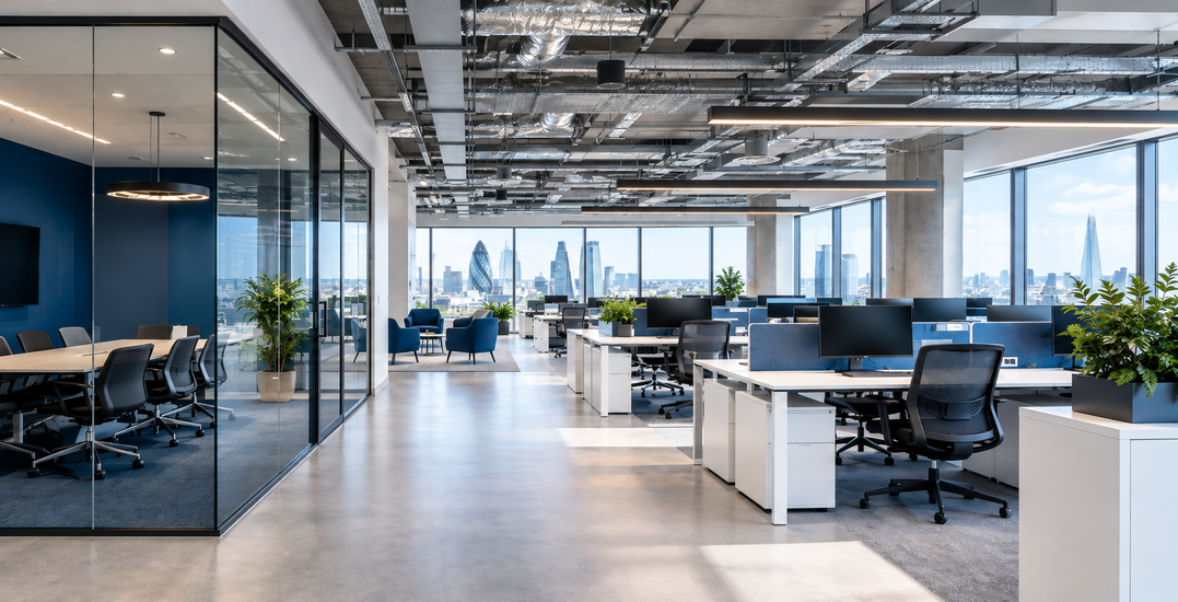 Wide shot of a modern fitted-out open-plan office in central London, natural light, exposed ceiling services, showing a finished Cat A+ style space