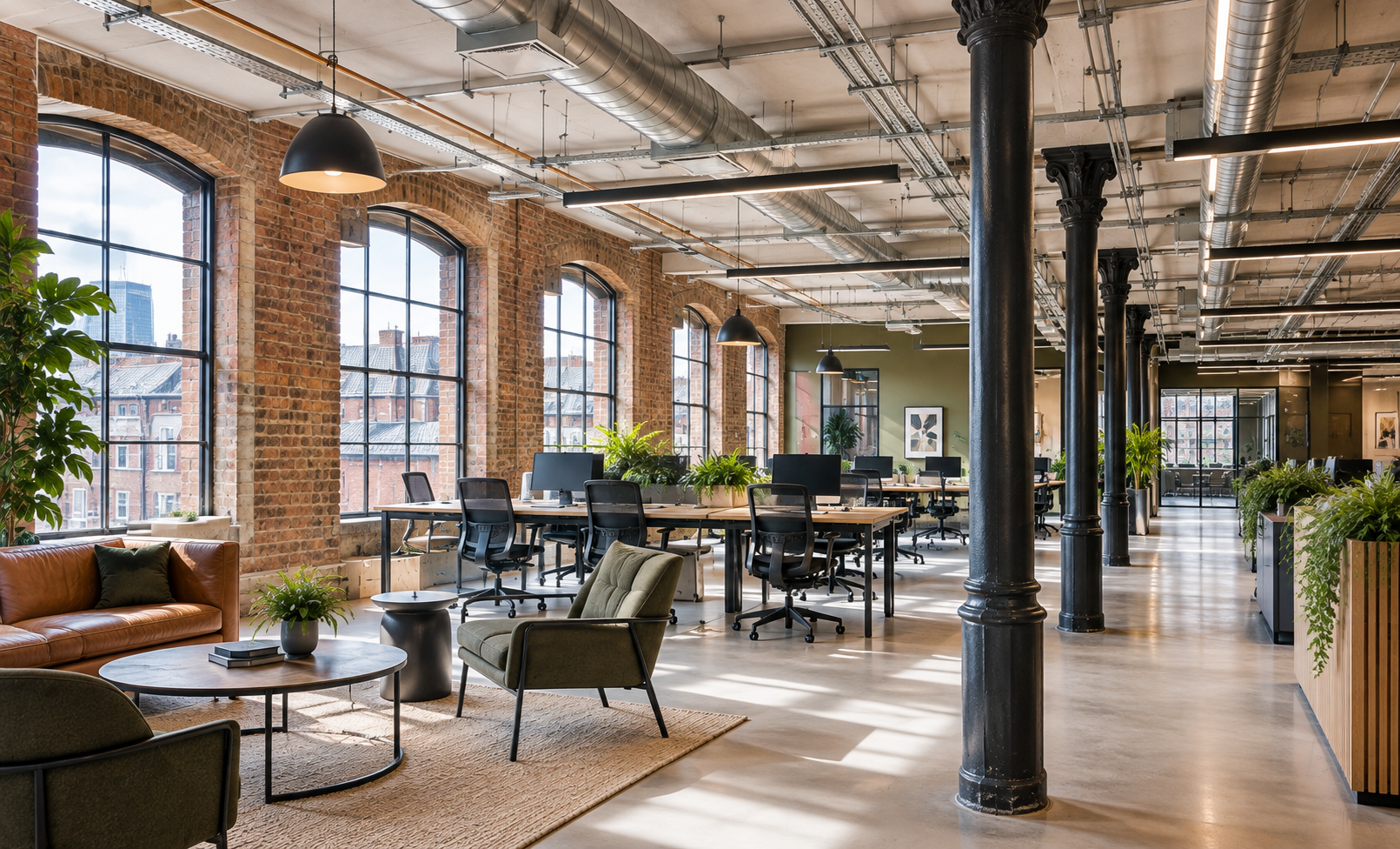 Interior of a converted Victorian warehouse office in Clerkenwell or Shoreditch showing exposed brickwork, cast iron columns and new services.