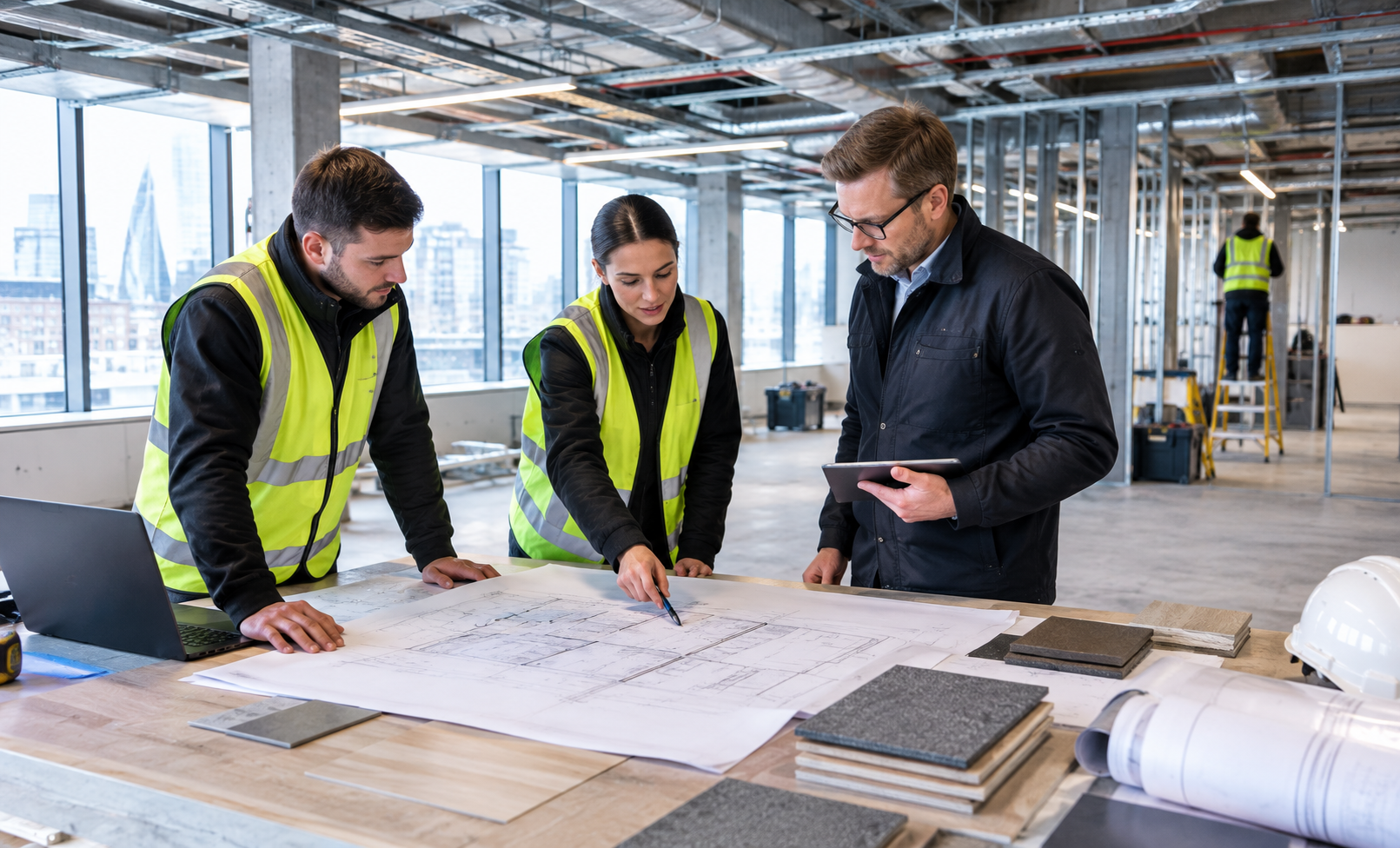 GXI project team reviewing drawings on site, or a finished GXI Cat B floor.
