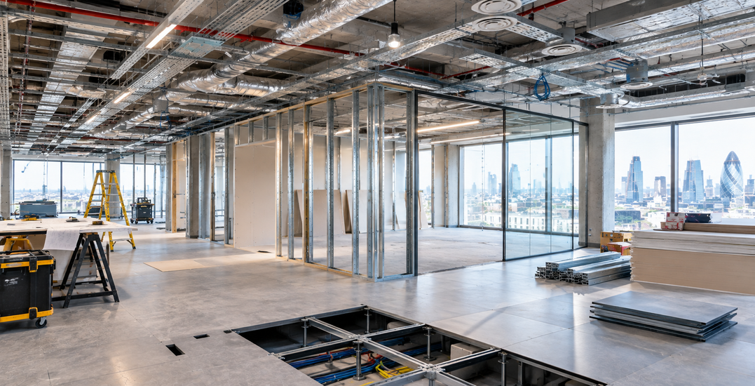 Interior photo of a partition wall or meeting room mid-construction showing the Cat B fit out process, with visible framing and services
