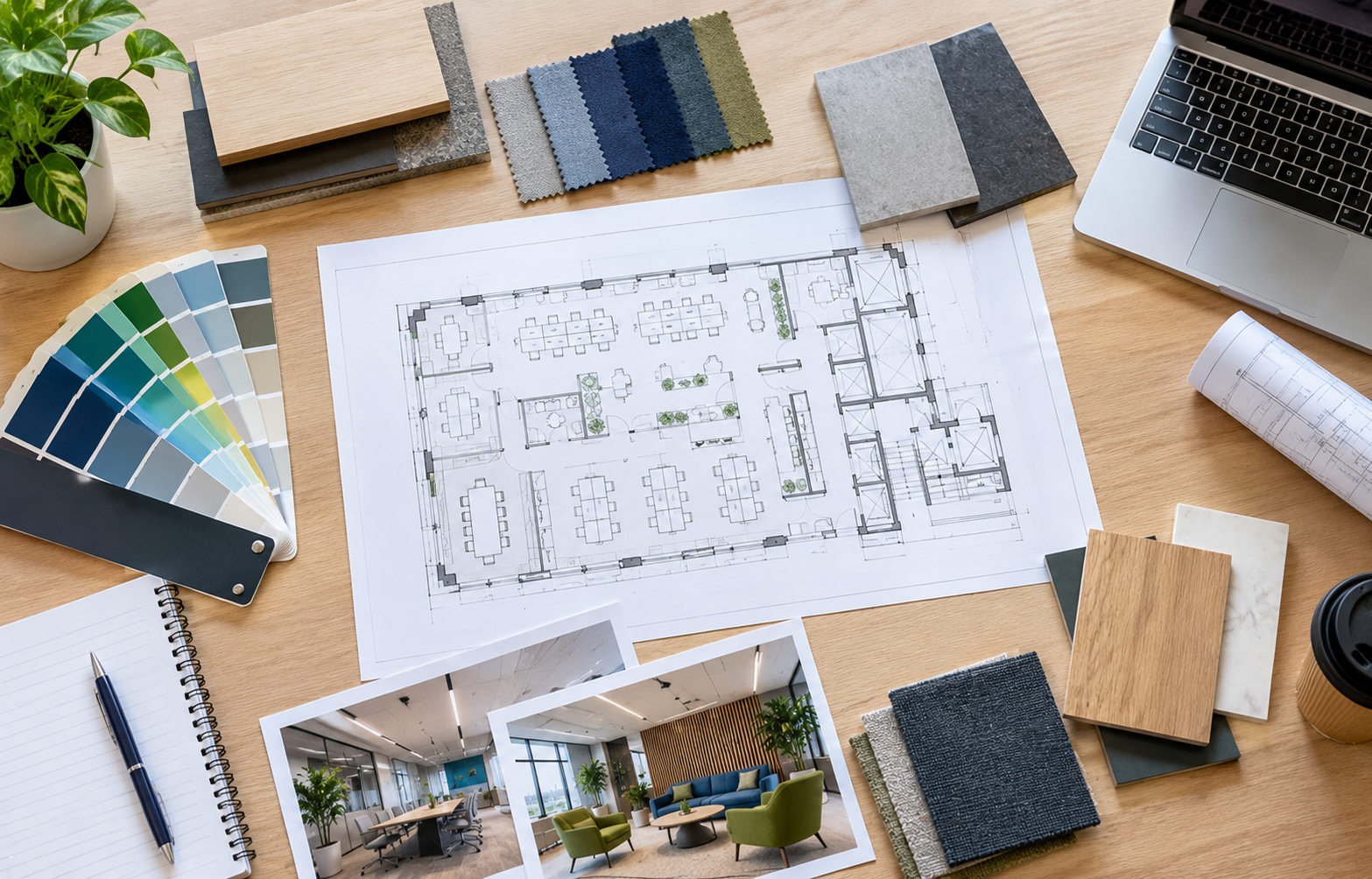Overhead view of a design and build workspace with a floor plan, material samples and colour swatches laid out on a table.