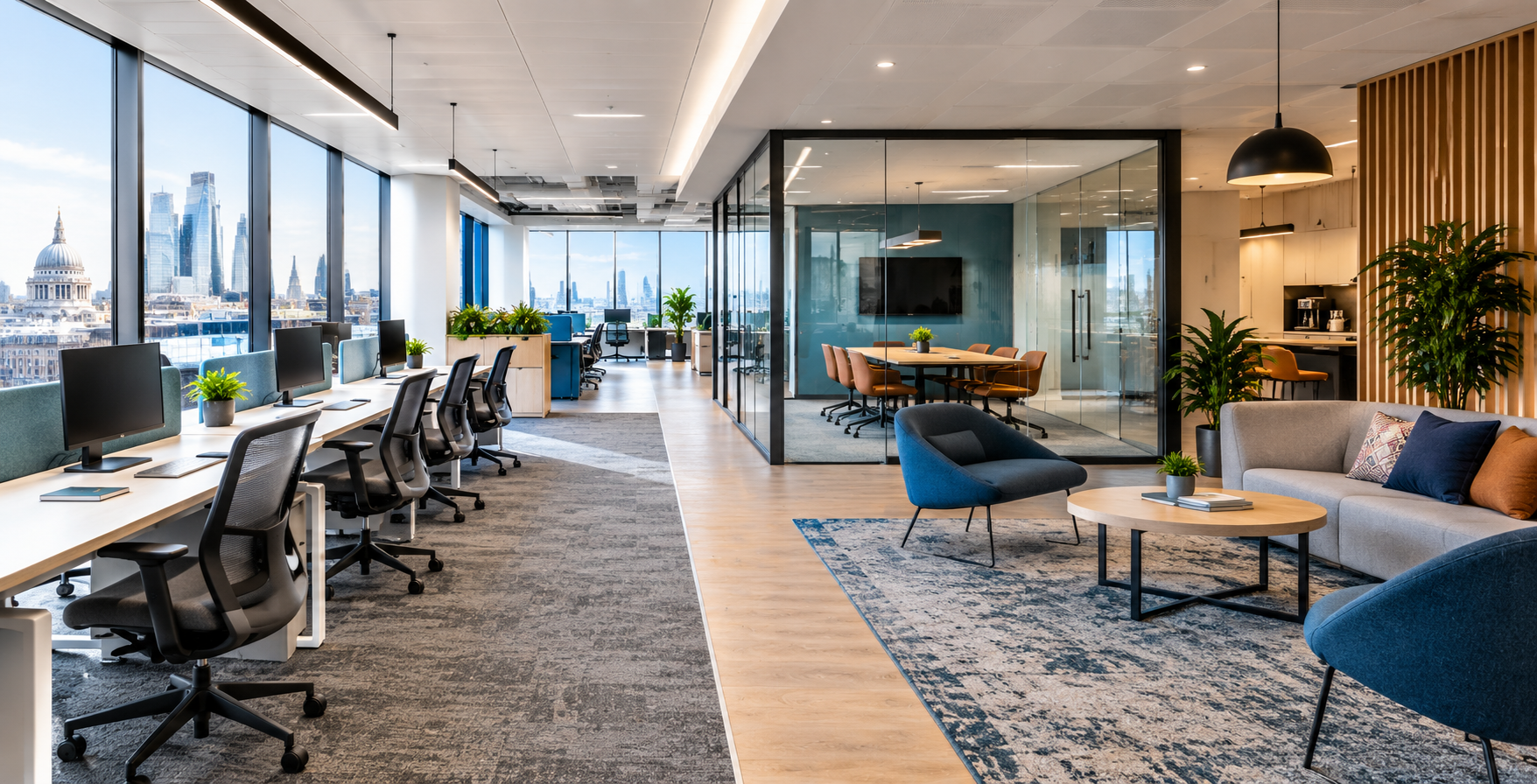 Interior photograph of an open plan floor planned in zones, showing a row of desks beside the windows, a glazed meeting room and a soft seating break out area.