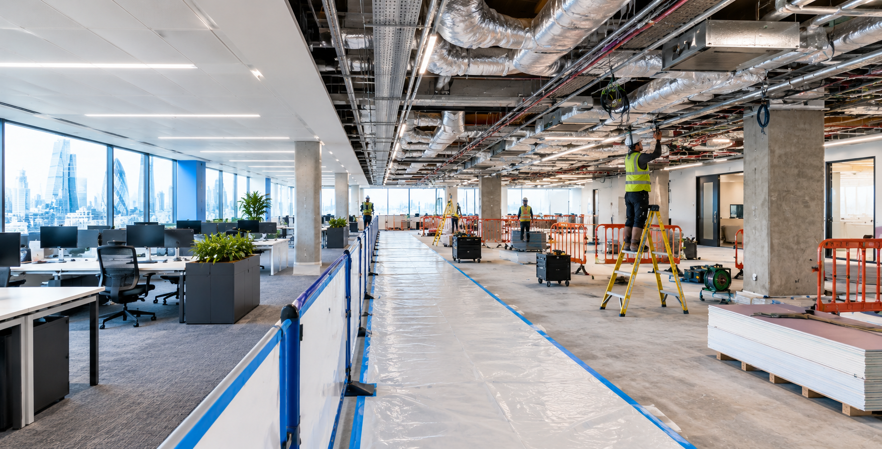 A live refurbishment in progress on a London office floor. Exposed ceiling void with new ductwork, a protected section of floor and a clean phased work zone separated from occupied desks.