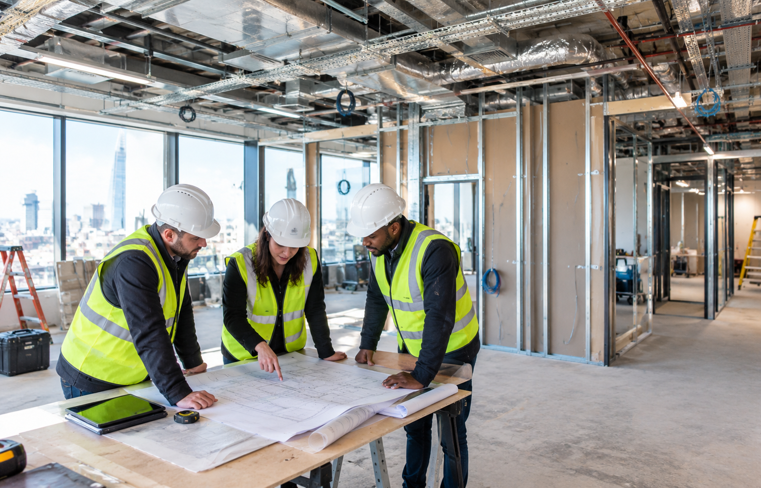 Site team in hi-vis and hard hats reviewing drawings on a Cat B fit out in progress, with partitions part built and services exposed.