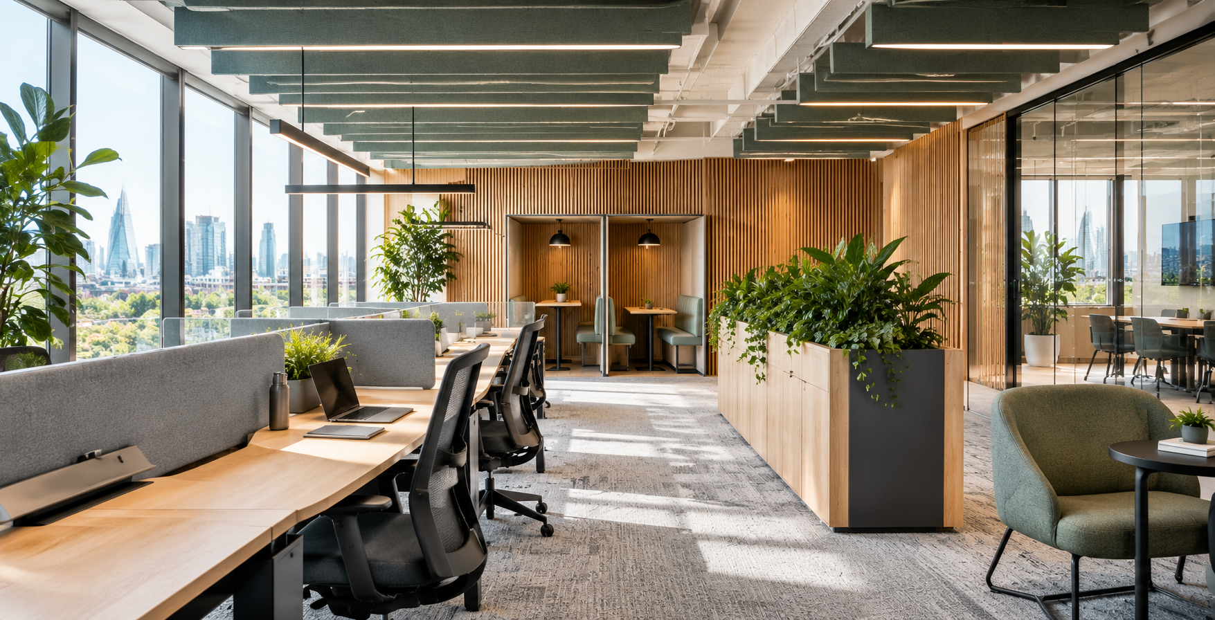 Quiet workspace with acoustic treatment and natural materials.