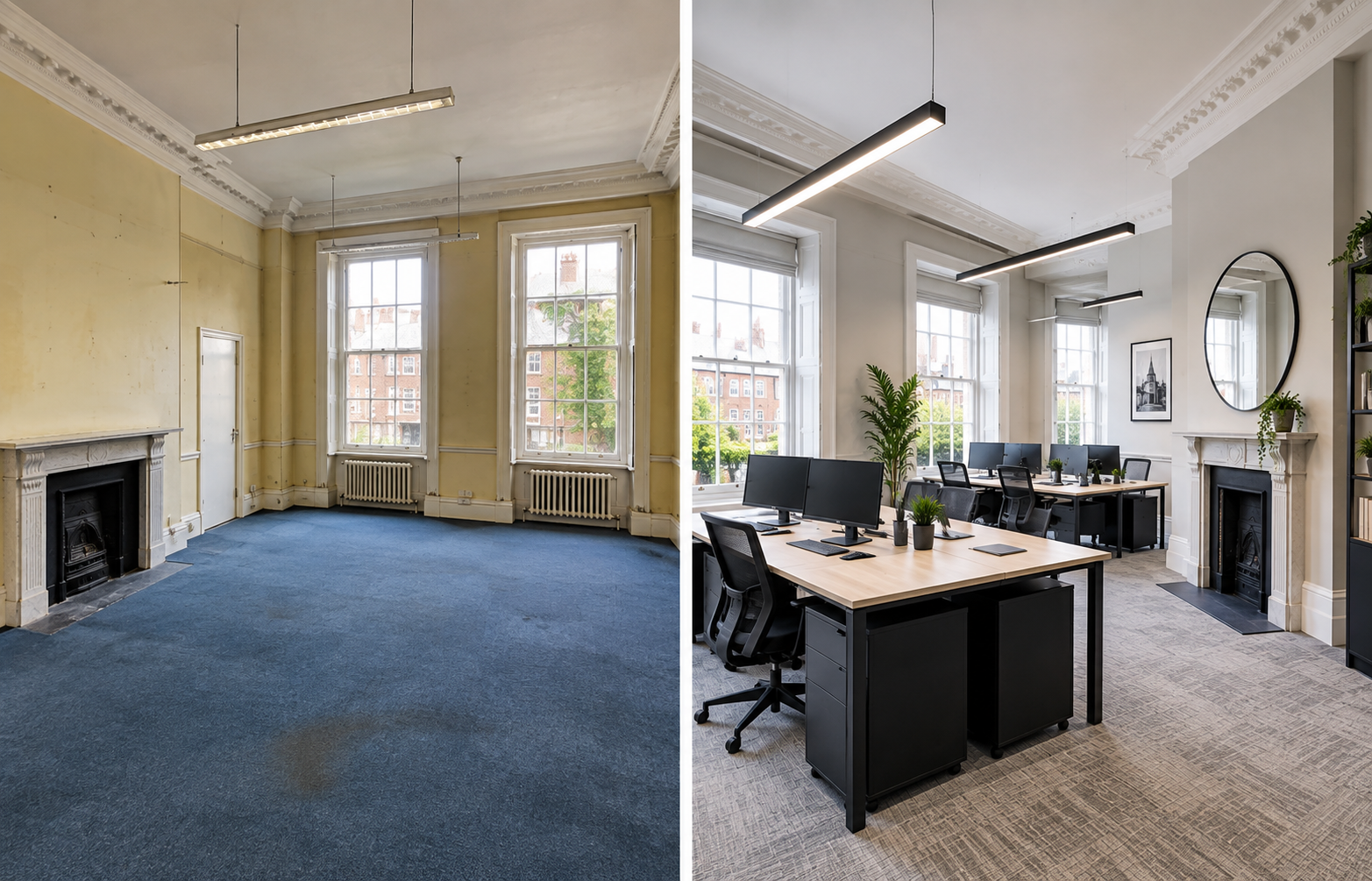 A before-and-after style split image or two side-by-side photos showing a dated period office interior next to the same space refurbished, to visually demonstrate the transformation process.