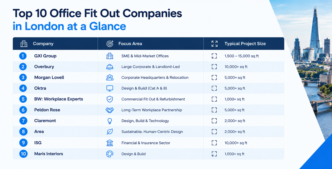 A comparison-style graphic summarising all 10 companies at a glance (name, focus area, typical project size), styled as a simple table image.