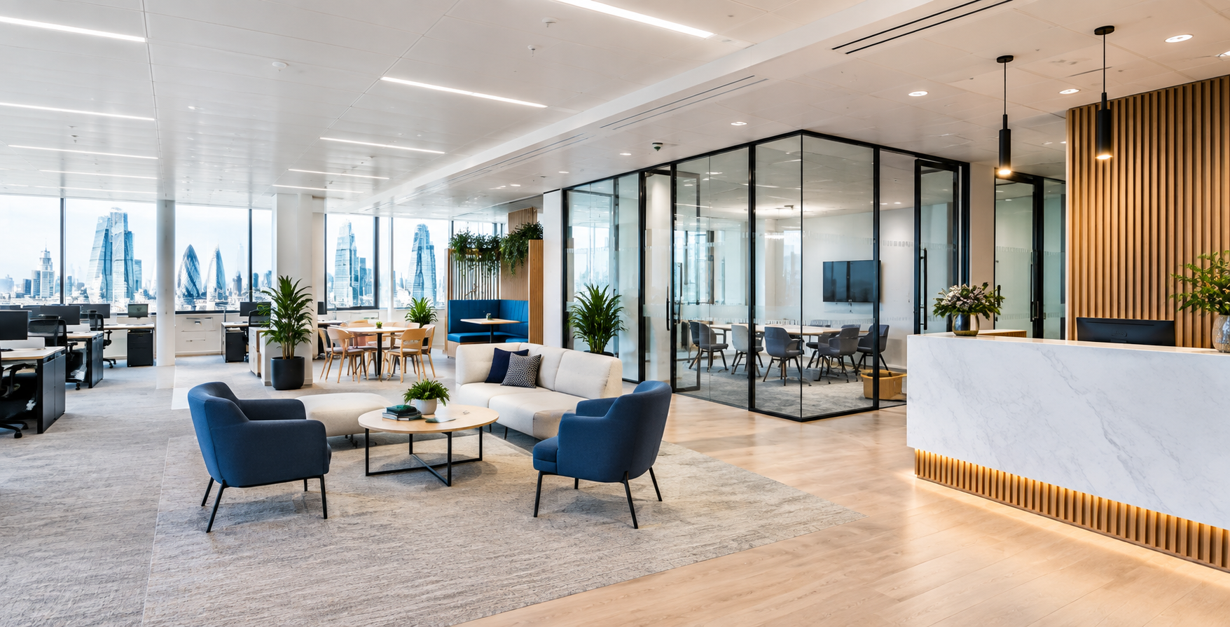 Finished Cat B open plan workspace in a London office, with glazed meeting rooms, a breakout area and a reception desk, shot in natural light.