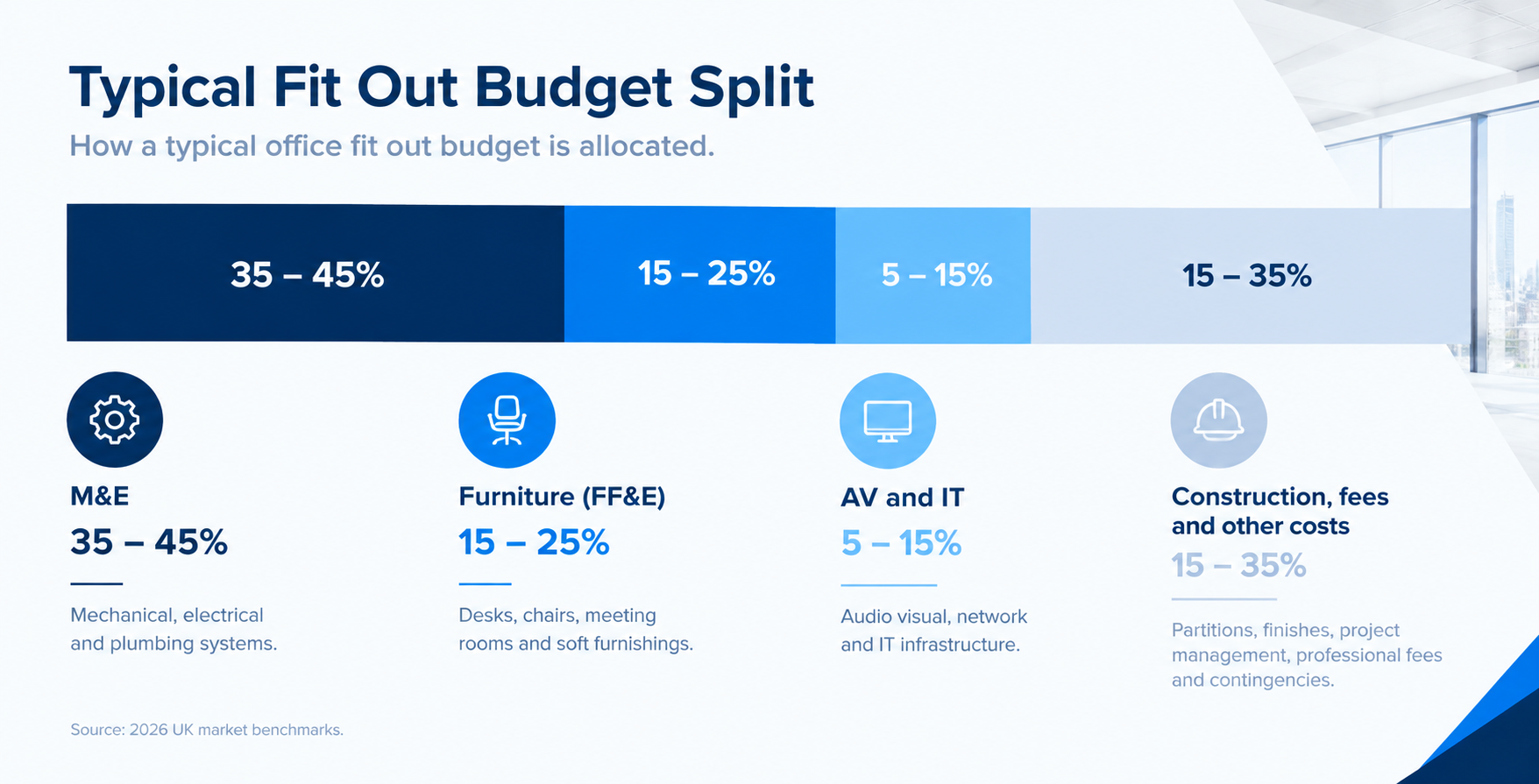 Stacked bar graphic of a typical fit out budget split showing M&E 35 to 45 per cent, furniture (FF&E) 15 to 25 per cent, AV and IT 5 to 15 per cent, and construction, fees and other costs as the remainder.
