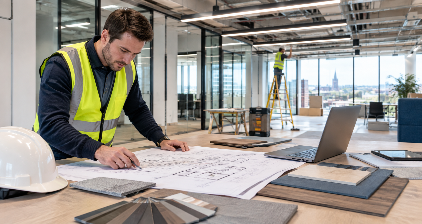 Close-up of a fit out project manager reviewing floor plans and material samples on a desk, with a partially completed office space in the background.
