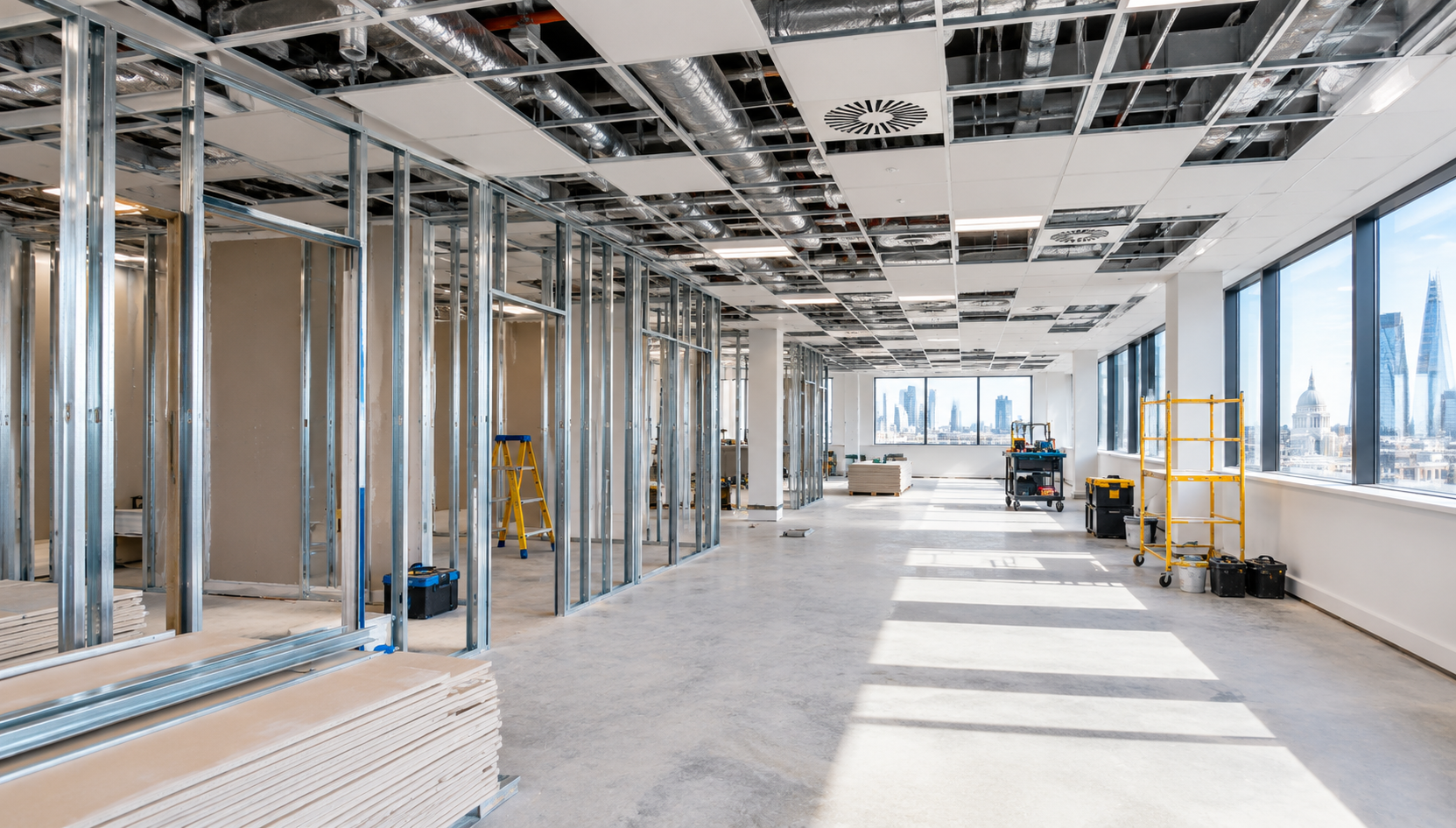 Office fit out in progress with partitions and ceiling grid installed.
